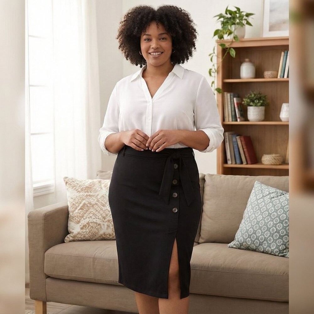 Black High-Waist Tie Wrap Pencil Skirt w/ Button Detail & Slit | 4X